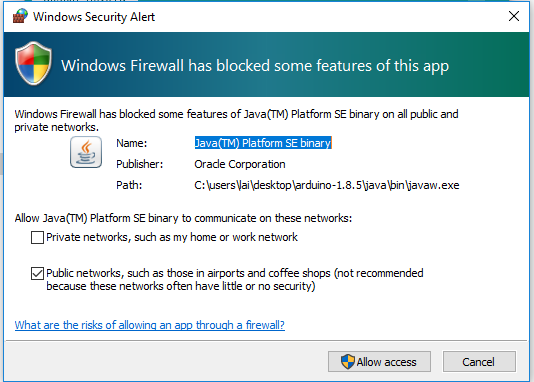 Windows Firewall asking permission for Arduino IDE