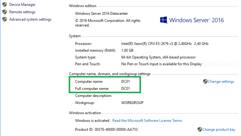 Changing the Computer Name of Windows Server 2016